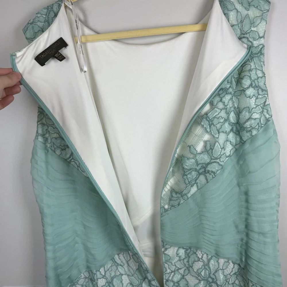 Tadashi Shoji EMBROIDERED TULLE PLEATED Lace Sheath Green Mint DRESS 18Q Easter
